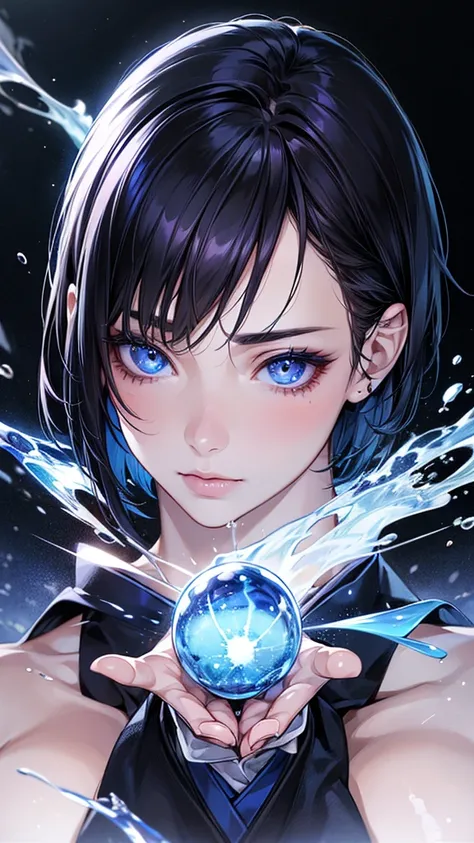 Highest quality, Ultra-high resolution, (Realistic: 1.4), Beautiful eyes, Super beautiful, Beautiful beauty, One person、Wizard, Japanese style blue and purple tones、Controls water and ice、whole body、(Black Hair、Short Bob Hair),Beautiful soldier, Eyes that ...