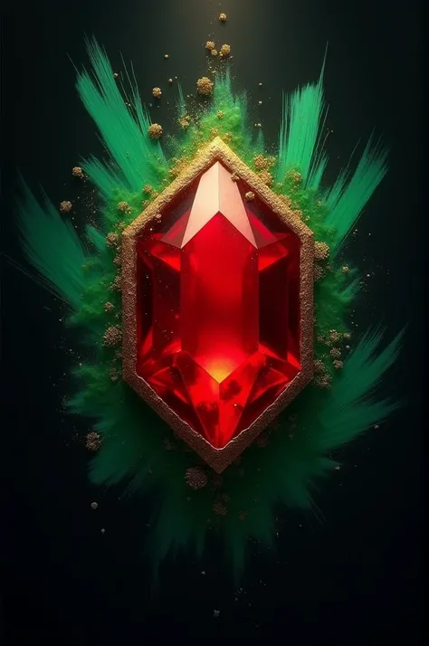 an image for a cover ,  I want the image to have a black background with golden hues and green paints in the middle of the image I want there to be a medium-sized red stone, That it is not oval  