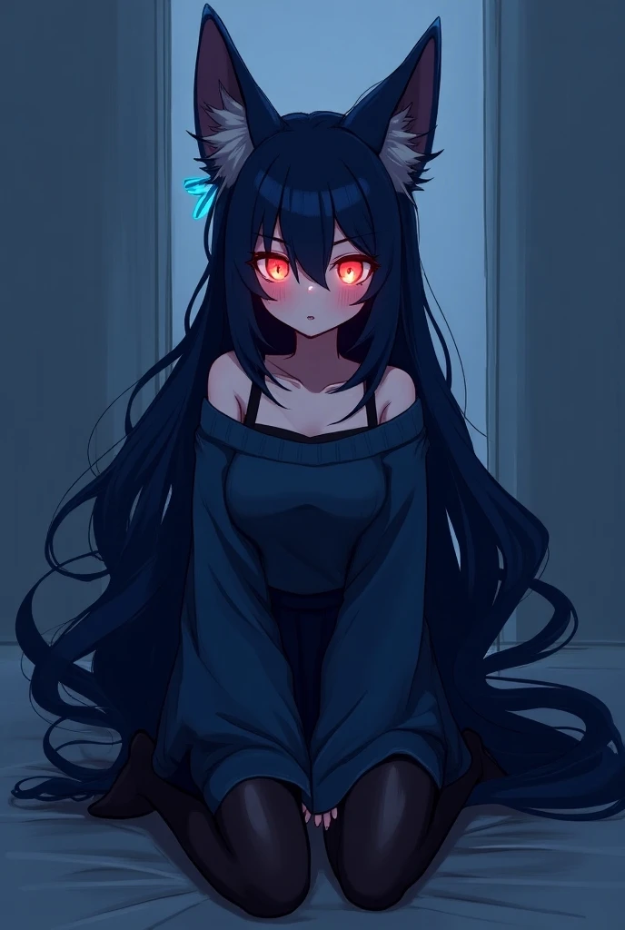 1girl, solo, female, mobian, fox, 2D anime style, high quality digital art, wispy lines, neon dark and blue sketch art, a dark blue furred anthropomorphic fox, dark blue fur, glowing crimson eyes, very long wavy dark blue hair, long and large hair bangs, c...