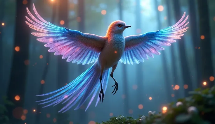 A hyper-realistic close-up of a small queen bird, long tail, mid-transformation under vibrant rainbow light. Its feathers glow with shifting blue colour, radiating a soft aura. Tiny glowing particles trail behind the bird as it spreads its radiant wings. T...