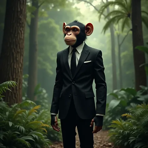 Monkey wearing black suit, standing in forest
