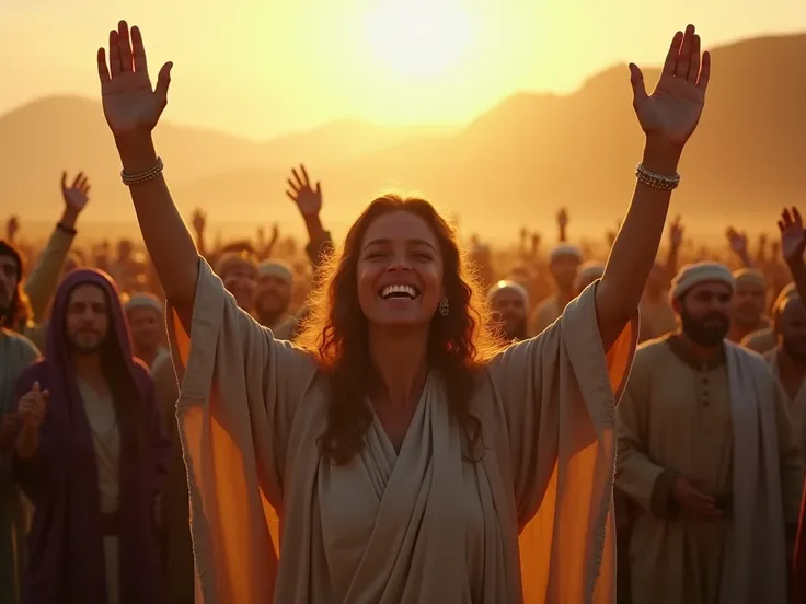 Ultra-realistic scene of Deborah celebrating with the people of Israel, as the setting shifts from war to peace and joy. Deborah stands surrounded by the crowd, her expression joyful and relieved. She wears modest, dignified robes, arms raised in celebrati...