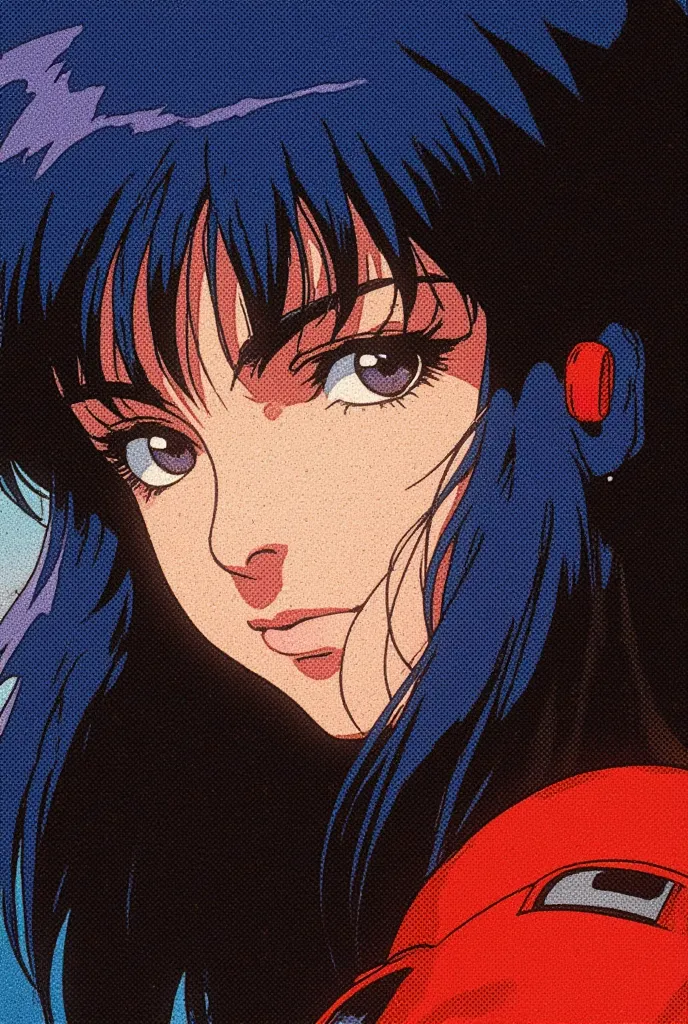 (absurdresolution)), masterpiece, best quality, 1990s \(style\), 1girl, solo, dark blue hair, retro anime style, 90s anime, gain...