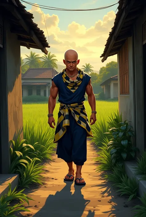 (Vegeta dragon ball z), wearing a Muslim shirt in dark blue,warung black mens trousers,wearing flip flops,walking, background of a small Indonesian alley,(very realistic), best details, very natural, cinematic, best illustrations,The atmosphere of the afte...