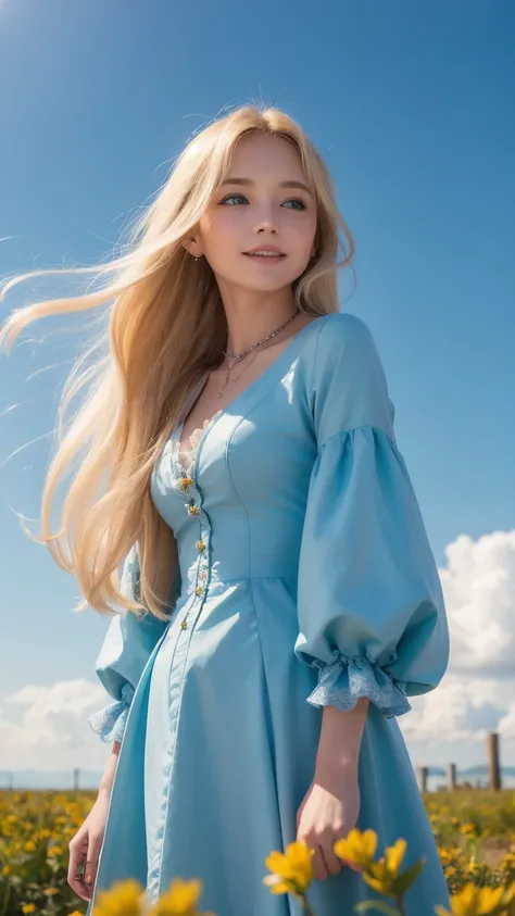  long, soft blond hair fluttering in the wind and 、 A young woman with big, expressive blue eyes 、 beautiful and elaborate live action image 。Her expression is、 as if experiencing bittersweet memories 、 smiling lightly 、 tilting her neck lightly 、 She is w...