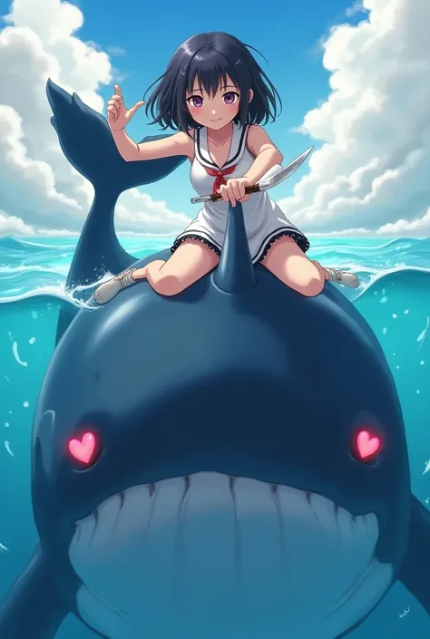 An anime-style woman with dark bangs riding a whale with heart eyes is pointing a knife at us with a smile