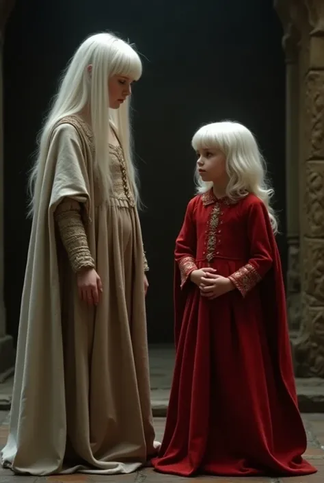 Dvd screengrab from 1980 dark fantasy film,low resolution Dark candid in the style of Dark fantasy,a little toddler girl With Short Albino white hair,Silver eyes and Silver clothing,With her  sister with Long Albino white hair,Golden eyes and Red clothing,...