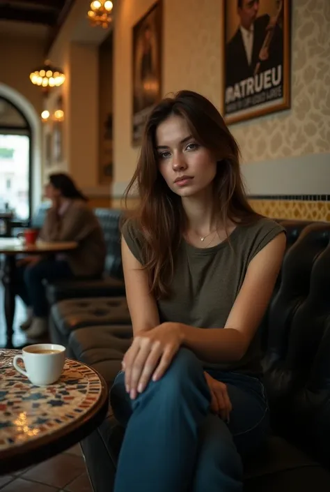 Imagine a picture where a woman squats on the couch in an oriental coffee in her hand she has an espresso in a small cup on the table is mosaic the photographer is very far back almost behind the counter so that you can see the woman completely in the back...