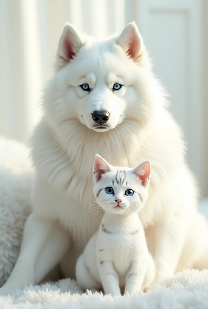 White Siberian Huskey with ivory next to a white cat with gray spots