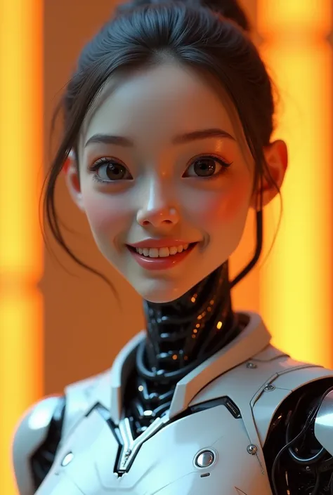 half-body portrait of a beautiful, human-like AI robot with a face that resembles a real human, featuring gentle, expressive eyes, smooth skin, and a friendly smile. Her face appears realistic, with minimal robotic elements, while her body is distinctly ro...