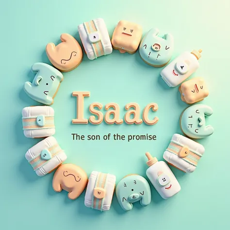  Create a circular-themed image of a baby shower called Isaac.  The name Isac must be highlighted in the upper center ,  with the phrase Son of the Promise just below ,  in the spotlight .  The image must include baby accessories ,  such as diapers , pacif...