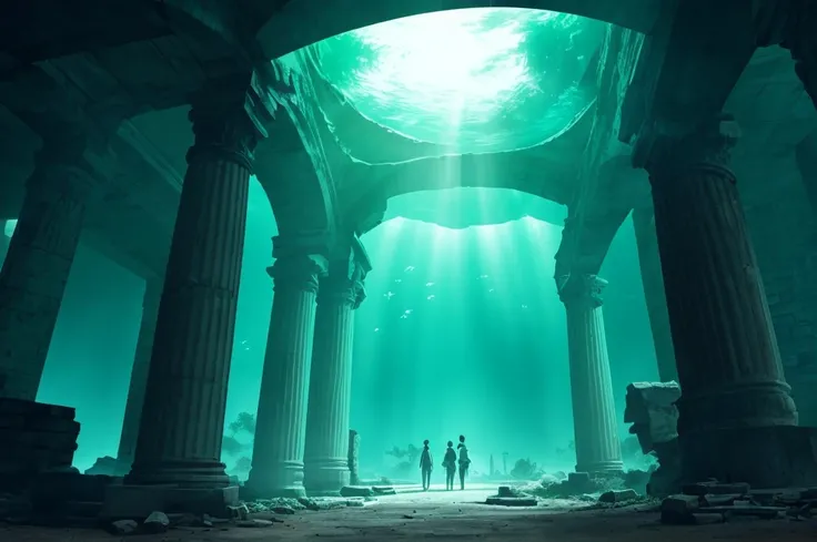 (masterpiece, Best Quality, Super detailed,anime,8k,), A place like an underwater ruins is depicted ,Symmetrical ruins ,( There is a large hole in the ceiling 、The light is coming from there),, The pillars and arches of the ruins are about to collapse ,, c...