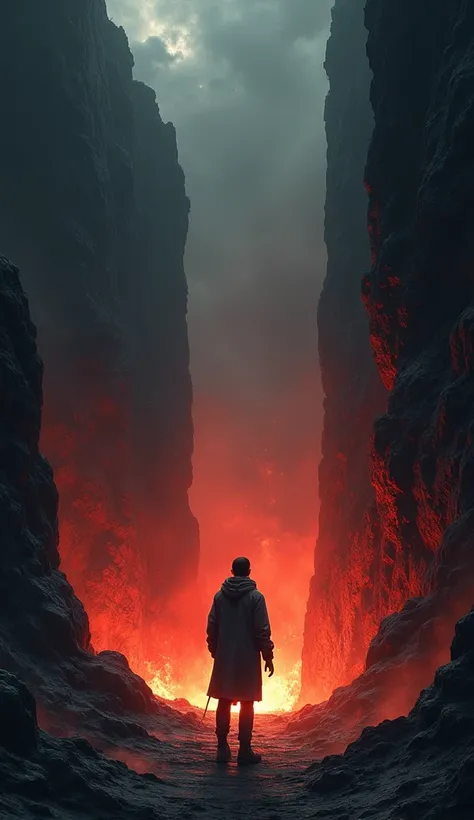 "A lone person standing before the entrance to the inferno, looking into the dark, fiery depths with a mixture of fear and despair. The entrance is framed by jagged, dark rocks, and ominous flames flicker from within, casting an eerie red and orange glow. ...