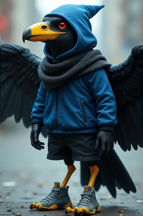 Anthropomorphic raven with blue hooded diver black scarf black shorts gray sneakers spreading their wings, red eyes, yellow beak, yellow legs , black plumage 