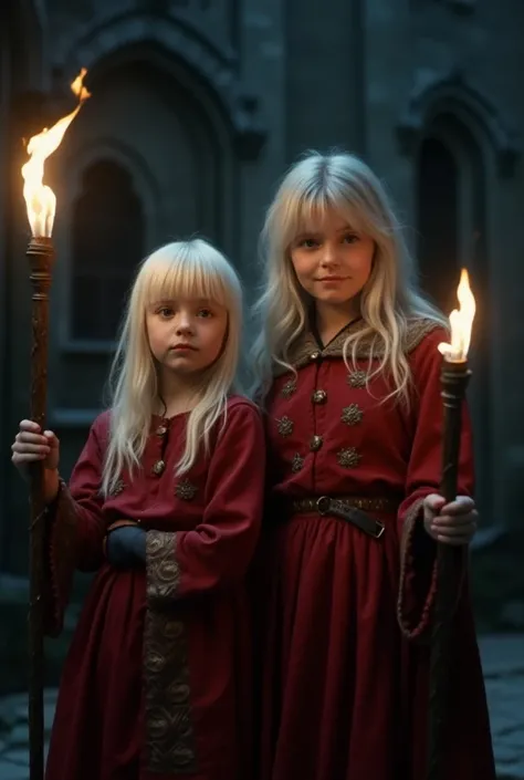 Dvd screengrab from 1980 dark fantasy film,low resolution Dark candid in the style of Dark fantasy,a little toddler girl With Short Albino white hair,Silver eyes and Silver clothing,With her  sister with Long Albino white hair,Golden eyes and Red clothing,...