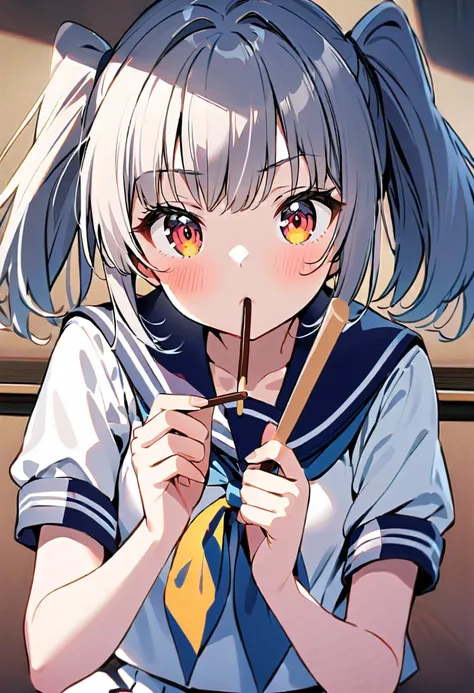 1girl, silver twintails, ((Girl in sailor suit)), ((With pocky in hand)), ((Perfect hand:1.2)), pocky effect,