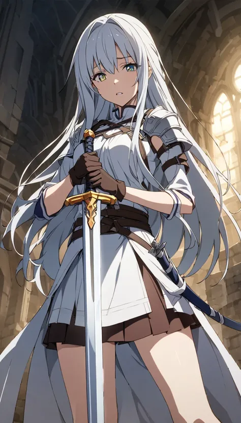 nsfw,masterpiece, 最高品質ï¼Œ ï¼Œ 1人of女of子, arms, sword, 独自of, length_hair, Chest当て, keep, keep_arms, keep_sword, armor, 棕色of_hair, Weaving,  knee socks, ofみ_ shoulder, 棕色of_eye, skirt,  sword camera, of_sleeve , sheath, 白色of_skirt, 白色of_ knee socks, 红色of_skir...