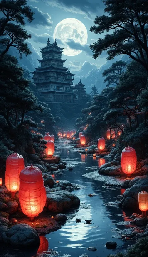 ((mostly white and black red water color art: 1.5)) 1there is a river in the night there are floating lanterns, lanterns in many colors, in its water, the moon is in the sky, reflected in the river, there is Japanese castle near the river, hyp3rd3tail styl...