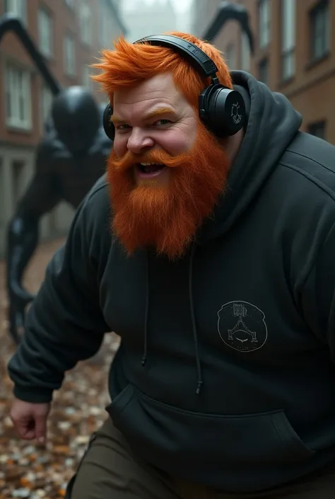 Fat guy with gamer headphones and with a black hoddie and orange hair and orange beard hunts a giant chocolate with black arms and black legs