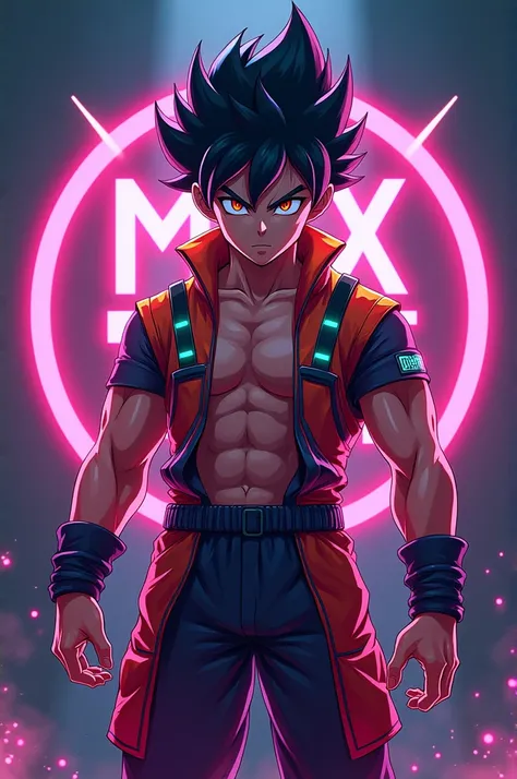 Create a 2D logo of an anime character inspired by Goku from Dragon Ball, with unique features to avoid copyright. The character should have spiky hair, intense eyes, and a muscular build, but with modern gaming elements. Dress the character in a futuristi...