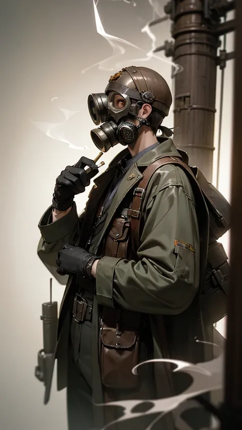  Hi-Res,  steampunk male character、 gas mask、gloves、cigarette、8K Octane,  3d rendering , Artistic, 