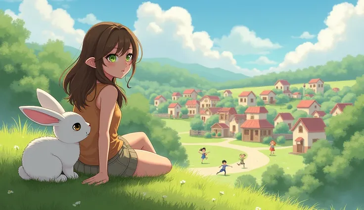 

Image Prompt:"Illustration of Jane green eyes with brown hair sitting on a grassy hilltop, watching ren playing in the village below. She looks thoughtful and a little shy, with a cute little rabbit with fluffy white fur and big, bright eyes sitting besi...