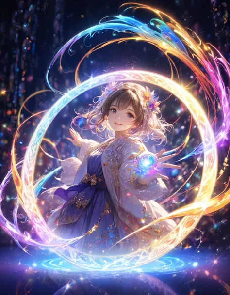 (Best Quality, masterpiece:1.2),Super detailed,(Realistic:1.4),Alone,cute girl,(Colorful lighting:1.1),Light_particle, Summon,At hand,Illumination_Circle_background,