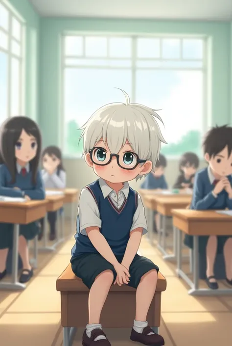 Japanese classroom.  A cute boy wearing glasses.  sitting on the bench  school uniforms and 
black dress   Hair color is white.  The class room is very bright and some students are present nearby. is standing 