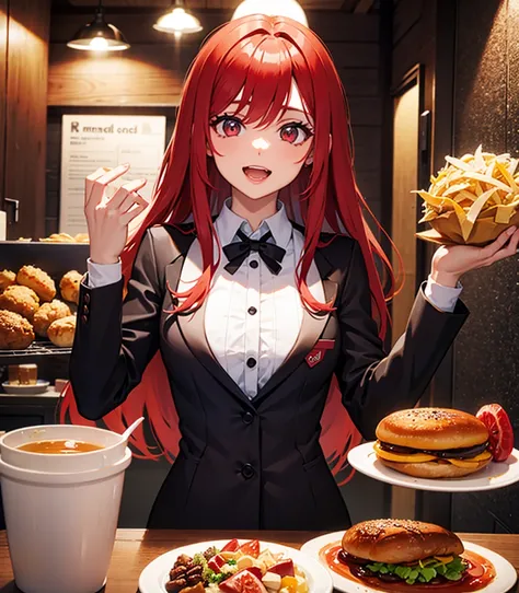 Breakfast　Fast Food　Eating　 red hair　Lots of food on the table　Vampire Red Eyes　One person