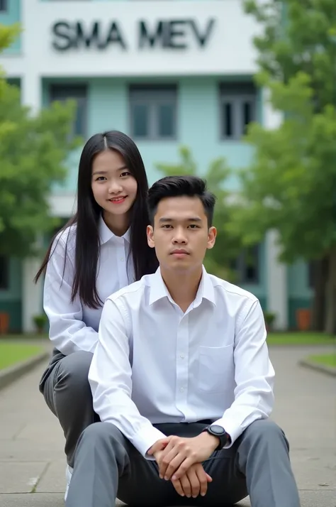 Original photo of two young students , handsome Indonesian man and beautiful Indonesian girl , Their olds posed together in front of a school building with writing "SMA MEV " clearly displayed. The boy sits on the ground , staring straight into the camera ...