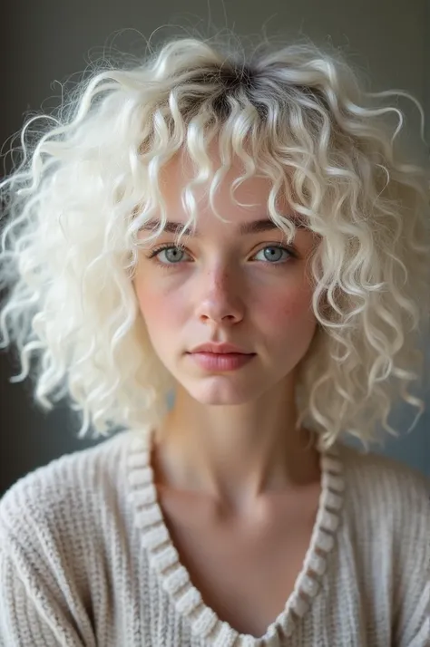 20-year-old white-haired girl, medium and curly voluminous 