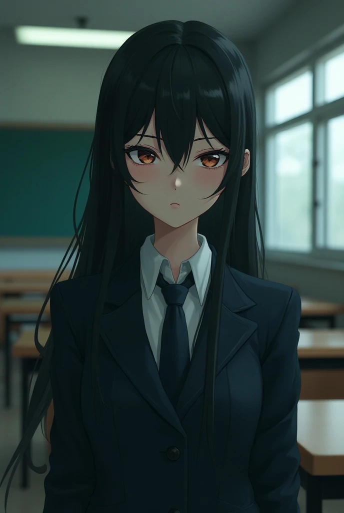  Japanese、 high school students。Women。uniform。beautiful。One person。Cold Face。Straight face。Condescending face。scared。 refuted。Squint your eyes。 Slender Eyes。Hanging eyes。Tall。cool。The stylized 。long hair。 background is in the classroom 。