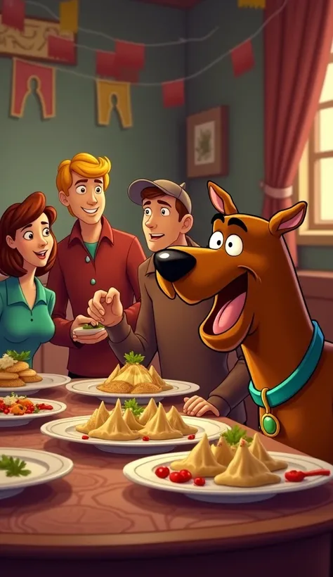 
Scooby-Doo at a Himalayan Restaurant": Scooby and Shaggy find themselves at a cozy Himalayan restaurant after solving a mystery in the mountains. They’re overwhelmed by the array of food, and Scooby excitedly tries momos for the first time. His face light...