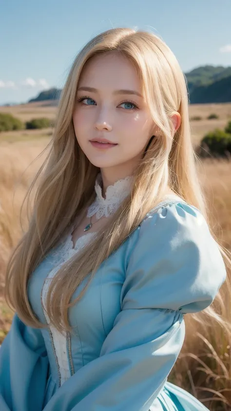  long, soft blond hair fluttering in the wind and 、 A young woman with big, expressive blue eyes 、 beautiful and elaborate live action image 。Her expression is、 as if experiencing bittersweet memories 、 smiling lightly 、 tilting her neck lightly 、She is we...