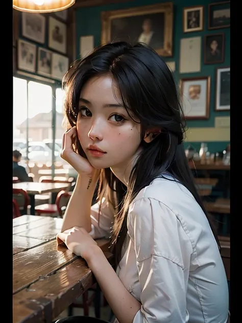 Best Quality, masterpiece,    super high definition , (Realistic:1.4),  RAW Photos, 1 person,   upper body,   at the coffee shop  ,  deep shadow , Dark Theme