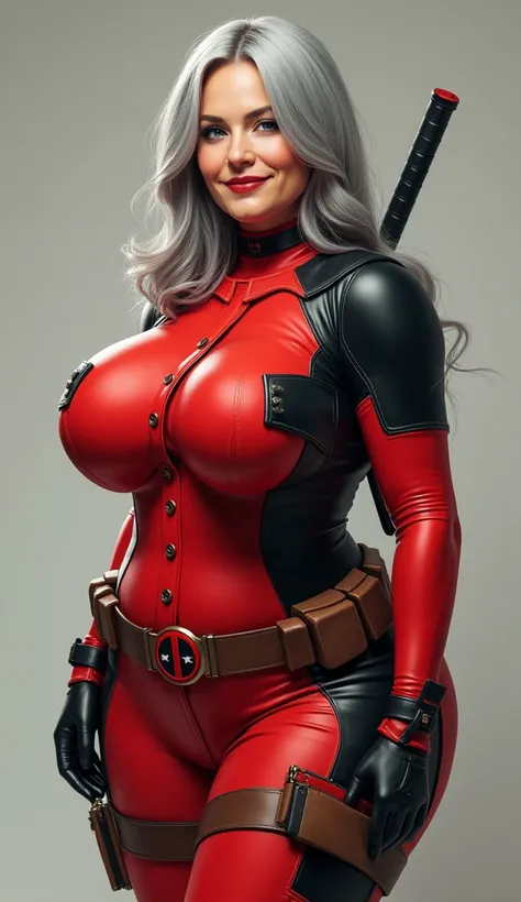 a beautiful matronly deadpool with abnormally huge round breasts, (((thin body))), pleasant smile, vibrant flare skirt shirtwaist dress, long gray hair, realistic profile view, looking directly at the camera, her breasts are huge, bulging, and well-rounded