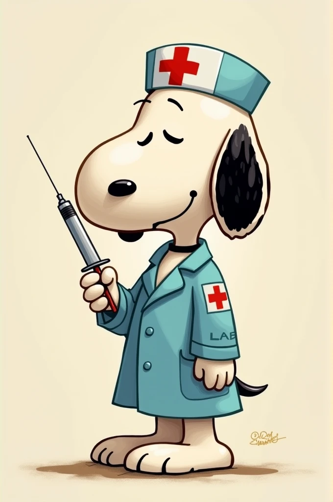 Snoopy fictional character dressed as a nurse wearing a light blue coat and an injection 