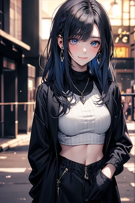 ( 26-year-old mature woman ), (((1 woman,Alone))), ( pale peach skin), (ocean-blue sapphire-colored hair), ( long hair in the castle), ( blunt light bangs ), ( navy blue eyes ), ( big boobs), (((black padded jacket))), ( dark night ,  Standing on an empty ...