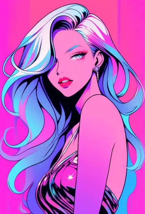 ((illustrator)),pastel Holographic, cyberpunk theme, stylish, sketch, 1woman, lovely, rockstar, shiny lip, jersey wear, order, very modern stylish asymmetry hair,  platinum ((gradient)) neon background, neon hair, textured crop, (masterpiece, best quality)...