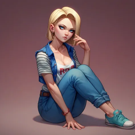 Android 18 sitting with her knees polled on the floor with her legs open wearing corsets and thongs in pastel pink tones that her appearance is very sensual and sexy