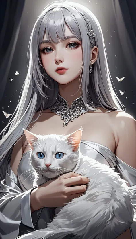 Beautiful silver-haired woman holding a cat、