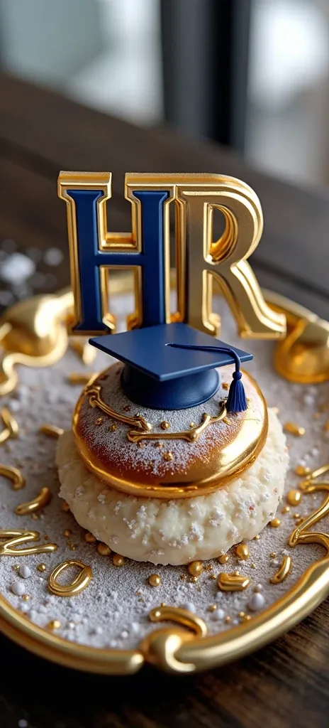 Create a logo with my initials Hugo Rodrigo and a graduation cap with some lines and this logo must be in royal blue, black and gold.