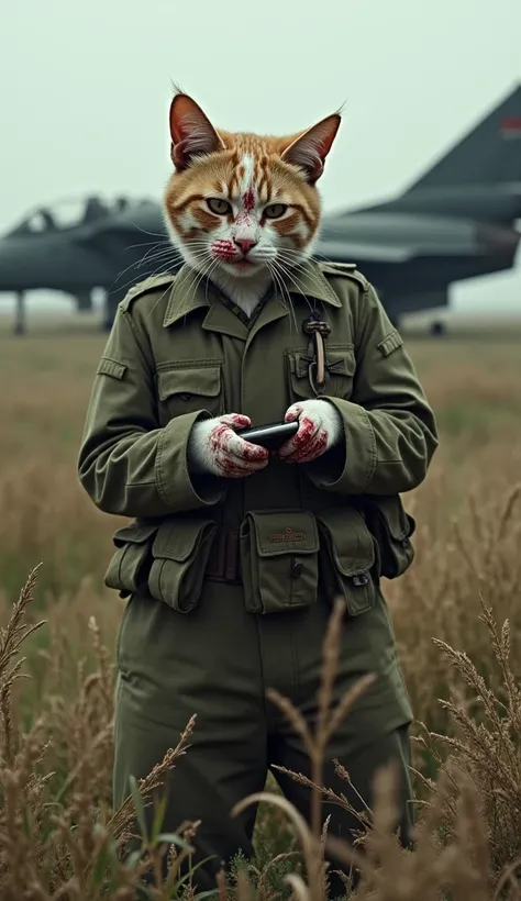 A soldier cat is standing on the ground covered with wild grass. The cat is holding a cellphone with a panicked and sad expression, tears flowing from its eyes. It is still wearing a complete camouflage military uniform, and its head is wrapped in a bloodi...