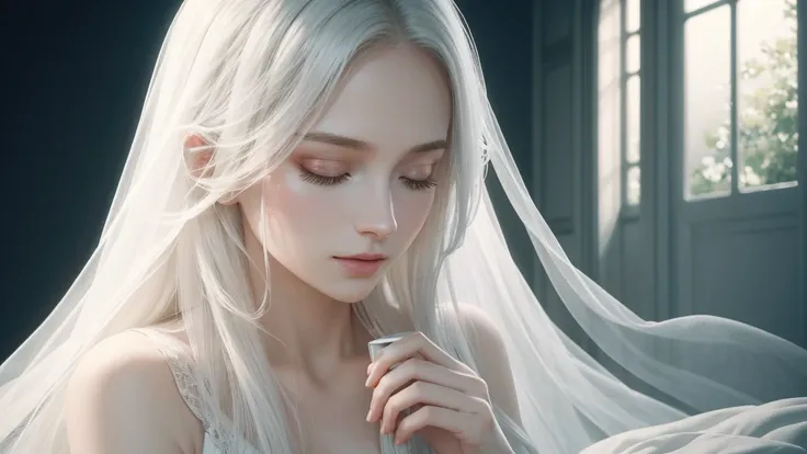 clesch, wearing elegant white dress, long white hair, pale skin, big breast, closed eyes, pale thin lips, drinking tea, soft lighting, goddess atmosphere, simple light luminous black background (best quality,4k,8k, high-resolution, masterpiece:1.2), ultra-...