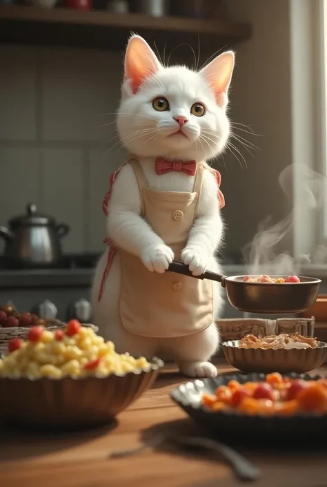   white cats walk in the kitchen on 2 legs like humans {x}  white cats walk in the kitchen on 2 legs like humans((Chinchilla)) Use a stove to cook  、 wearing an apron、  Elegant Outfits  、  Delicious food placed on the table  、 There are dishes where steam ...