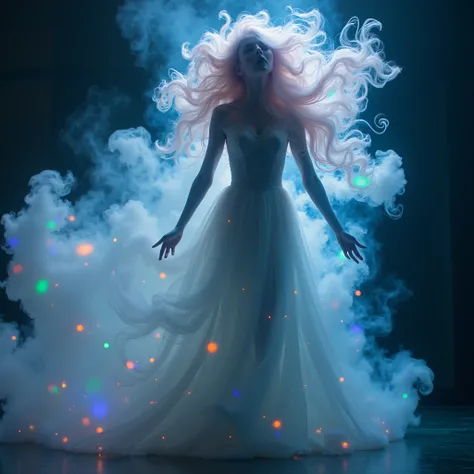 a blob of multicolor plasmid fog is coalesced into a shape of a woman, the amorphous gas is slowly brought together, Light Painting, Fog Lights, Sony A7R IV, Obsidian Color, Prism Effect, Cosmic Dreamscape Backdrop, Fantasy, Holographic Haze Backdrop, 8k, ...