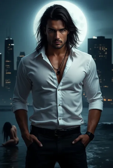 Handsome man with long black hair , gray-eyed,  dressed in dark pants and a pristine white shirt ,  with alpha male posture and a woman kneeling at his feet in the background of the night city and the full moon 