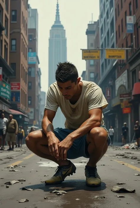 Create a picture of Cristiano Ronaldo begging on the street 