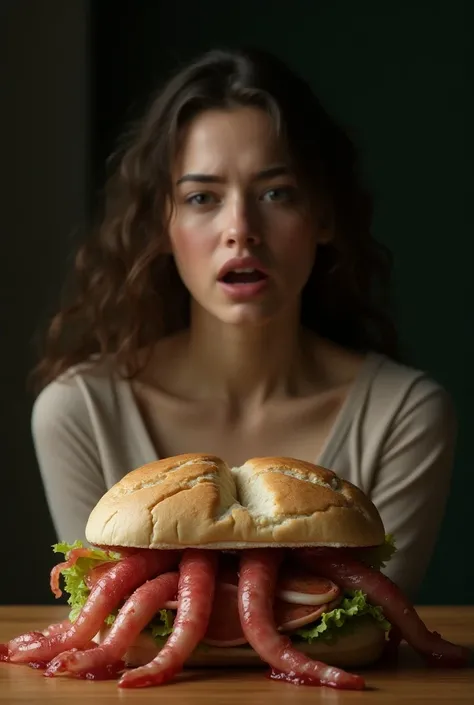  A beautiful woman eating a sandwich in a realistic looking scene .  The woman has an expression of surprise and some fear when she sees the sandwich ,  which is grotesque and terrifying .  The sandwich has strange and disturbing ingredients , like tentacl...