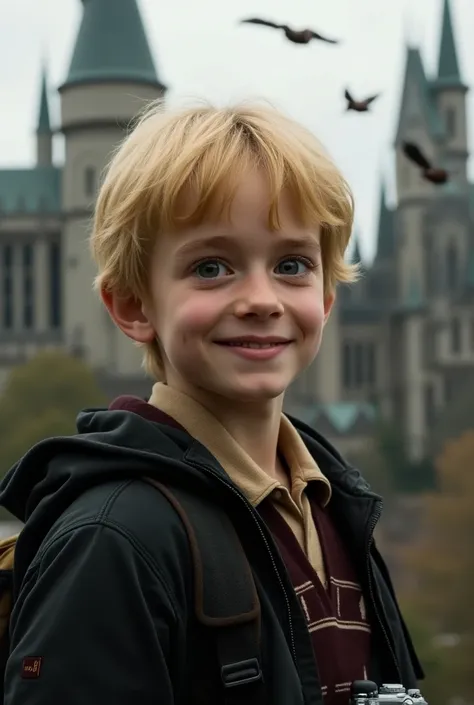  Colin has blond hair and is often portrayed as slightly smaller and younger than his peers. He often carries a camera with him ,  as he is passionate about taking pictures .  against a backdrop of Hogwarts with flying brooms in the background .